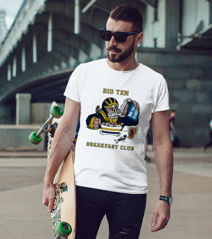 Big Ten Breakfast Club Michigan Wolverines Player Eating Cereal With Blue Box And Orange Cup T-Shirt