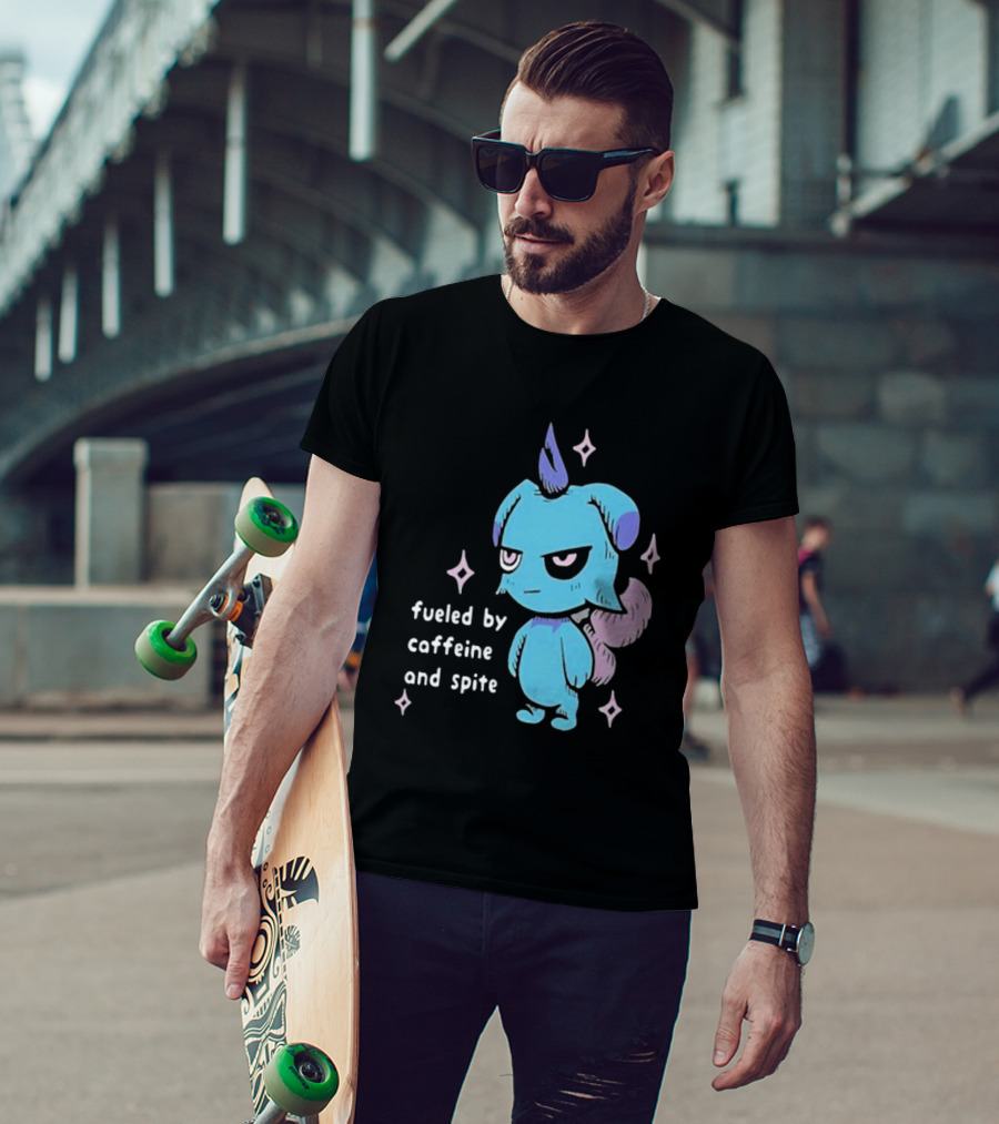 Palworld Fueled By Caffeine And Spite Blue Creature With Pink Stars T-Shirt