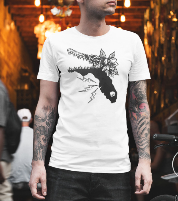Florida Will Eat You - Alligator Skull Lightning Magnolia Map T-Shirt Florida Will Eat You - Alligator Skull Lightning Magnolia Map T-Shirt