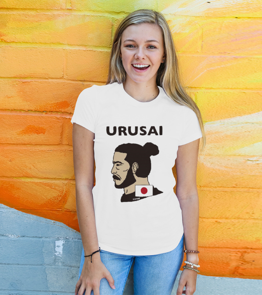 URUSAI Hiragana Ninja Japan Samurai Man Bun Profile With Flag T-Shirt