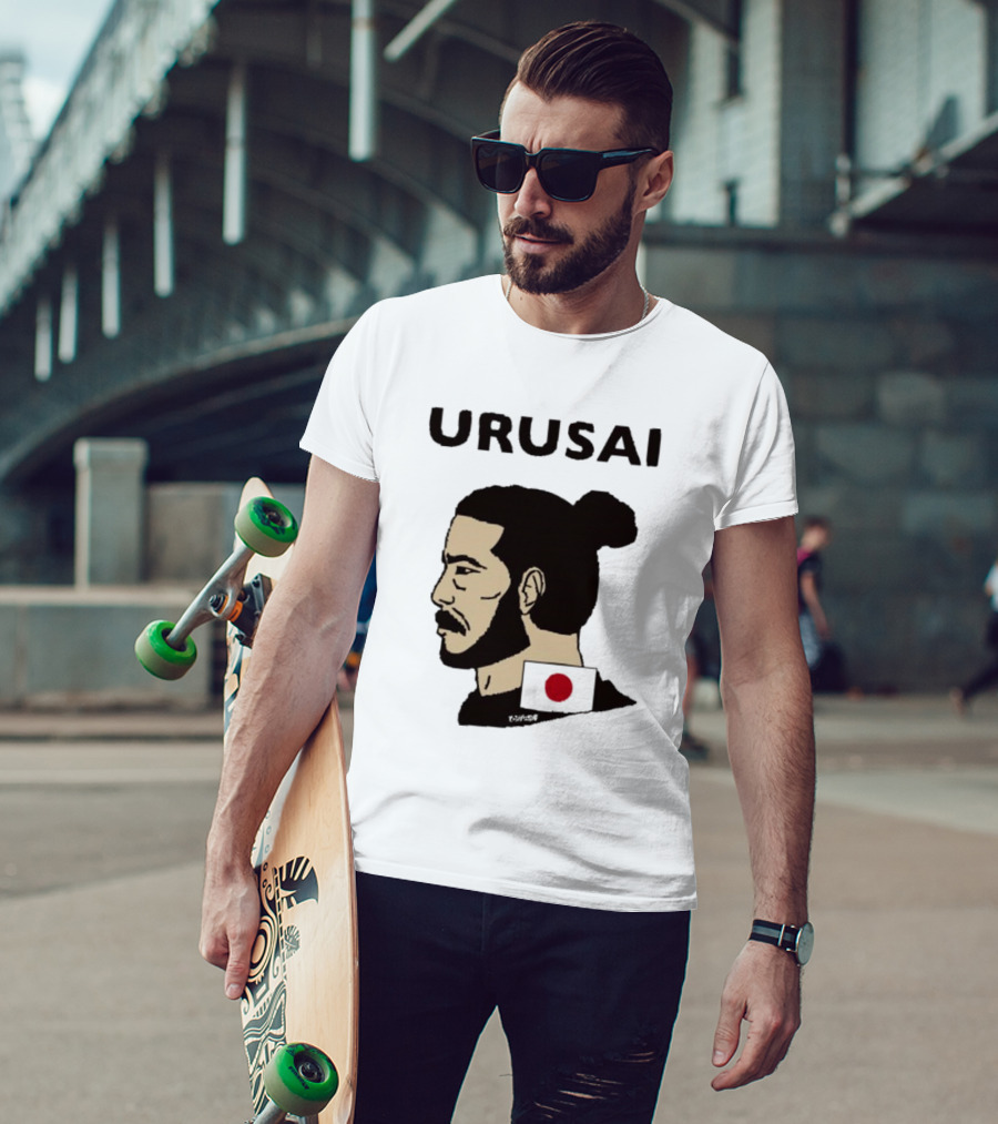 URUSAI Hiragana Ninja Japan Samurai Man Bun Profile With Flag T-Shirt