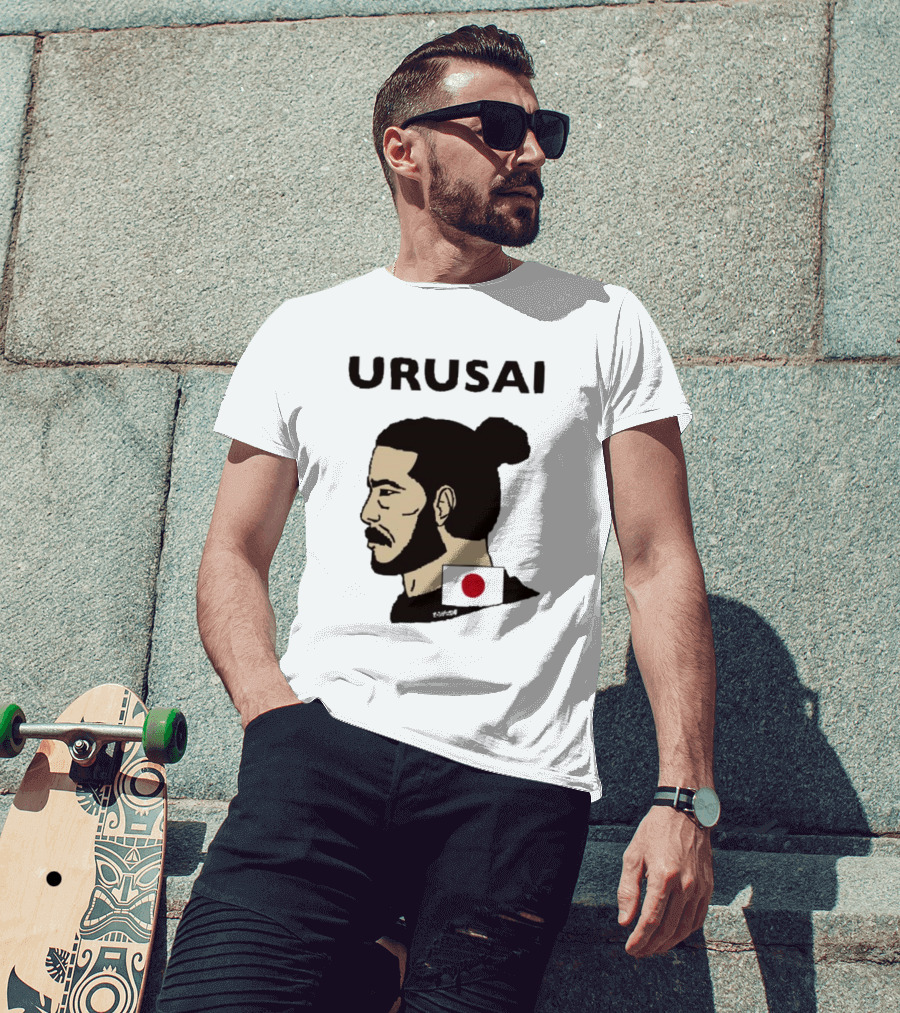 URUSAI Hiragana Ninja Japan Samurai Man Bun Profile With Flag T-Shirt
