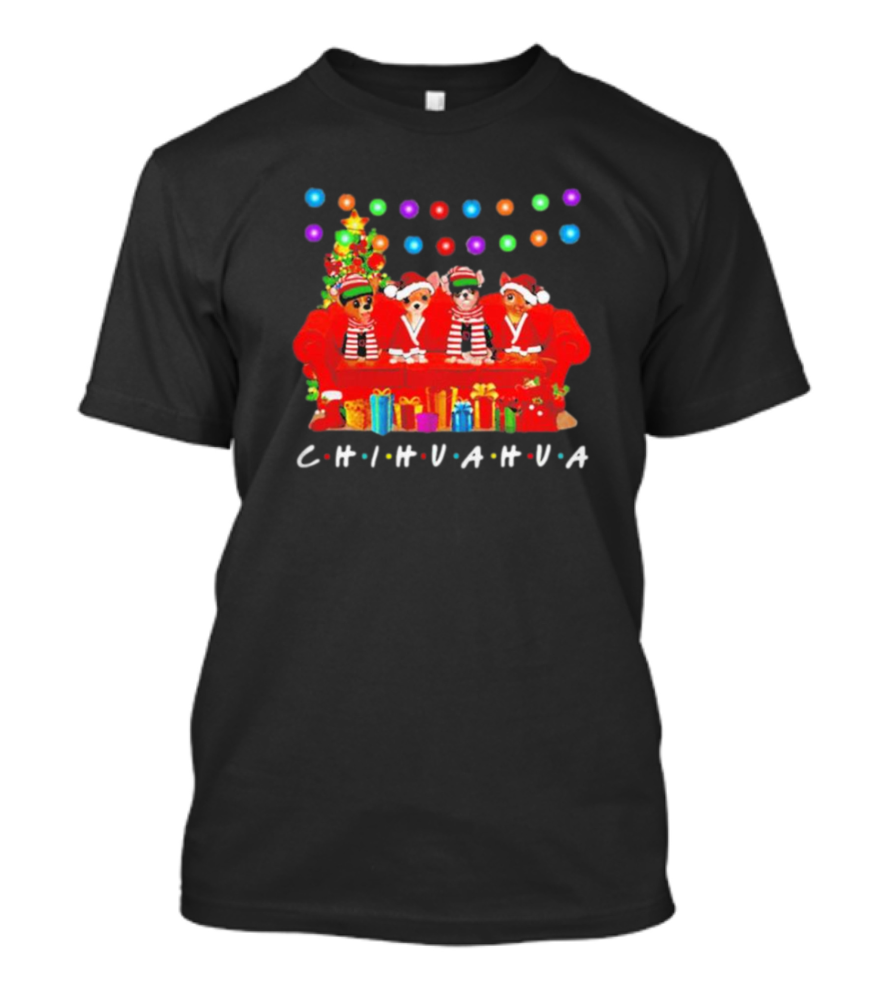 Merry Christmas Chihuahua Friends On Festive Couch With Colorful Lights And Presents T-Shirt