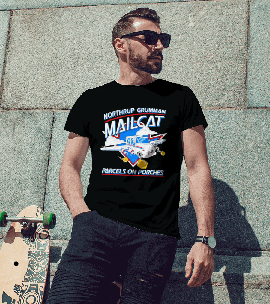 Northrup Grumman Mailcat Parcels On Porches Delivery Truck Clouds T-Shirt