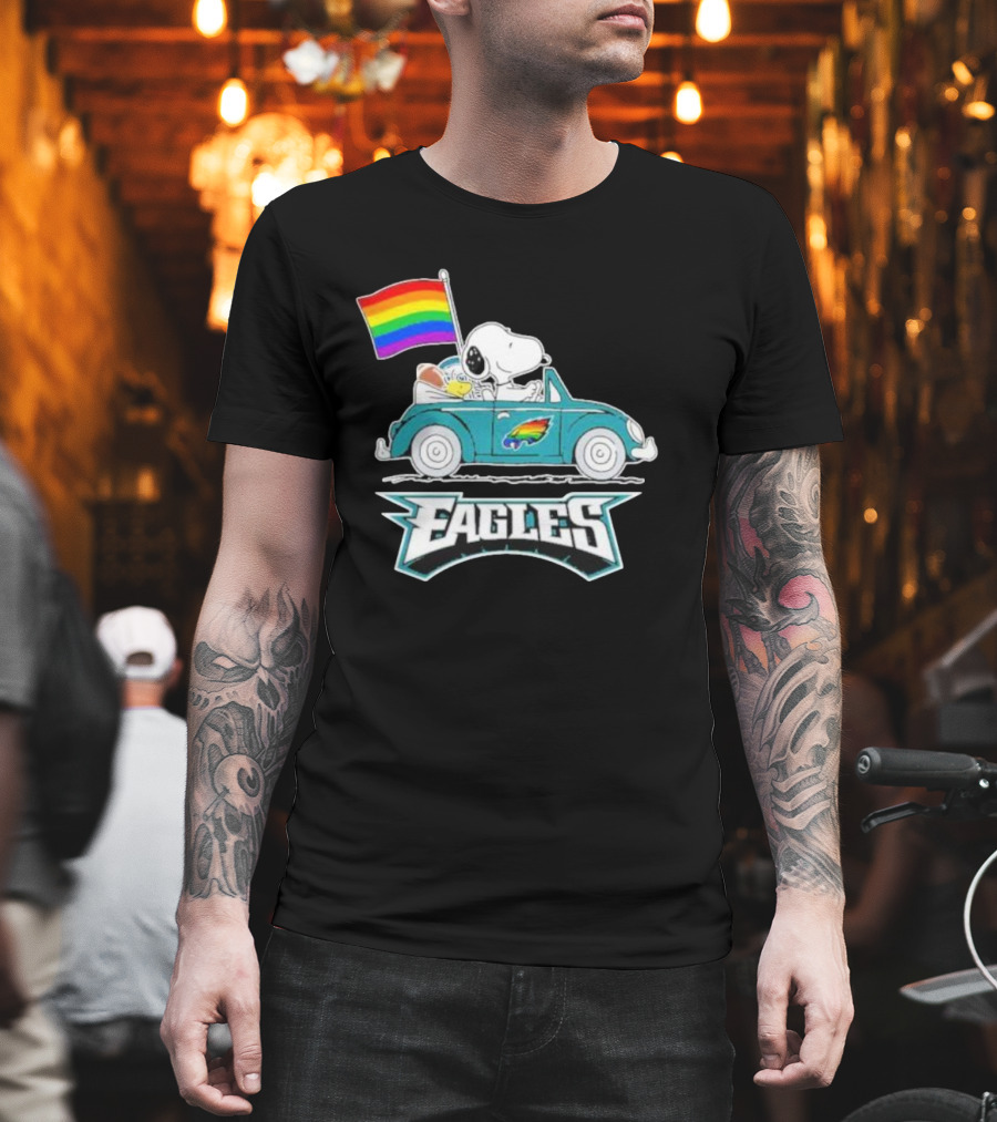 Philadelphia Eagles Pride Month Snoopy And Woodstock Rainbow Flag Parade T-Shirt