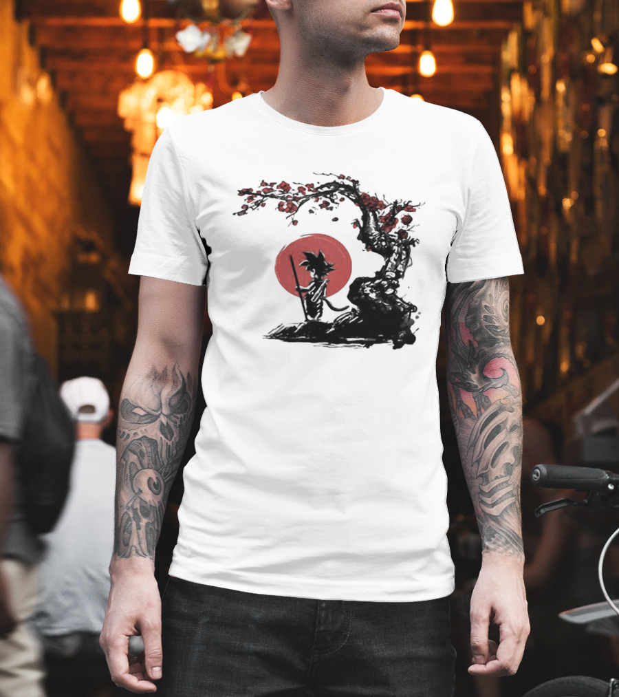 Son Goku Saiyan Solitude Beneath Cherry Blossom and Sun T-Shirt