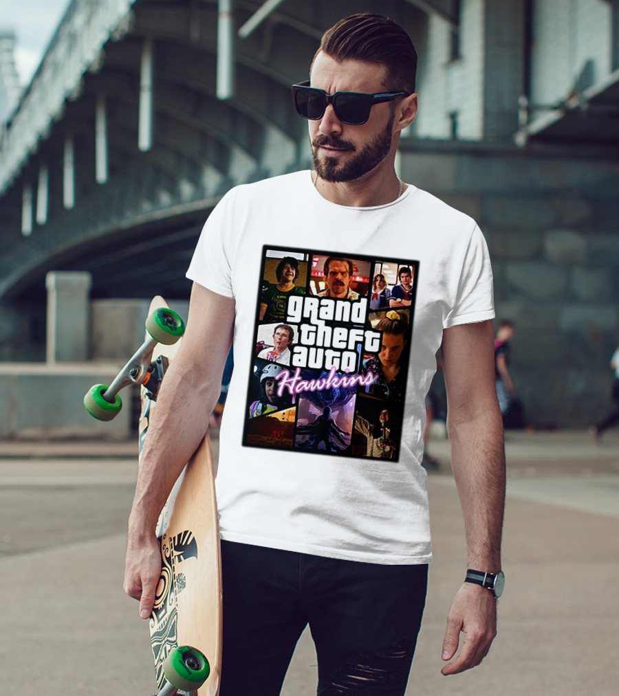 Stranger Things 3 Grand Theft Auto Hawkins Vintage Style Collage T-Shirt