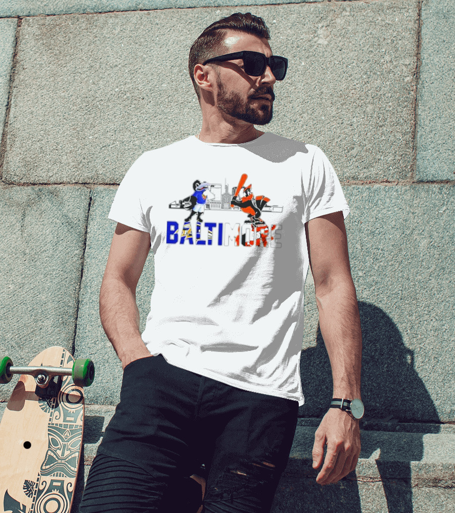 Baltimore Ravens And Orioles Mascot Skyline T-Shirt