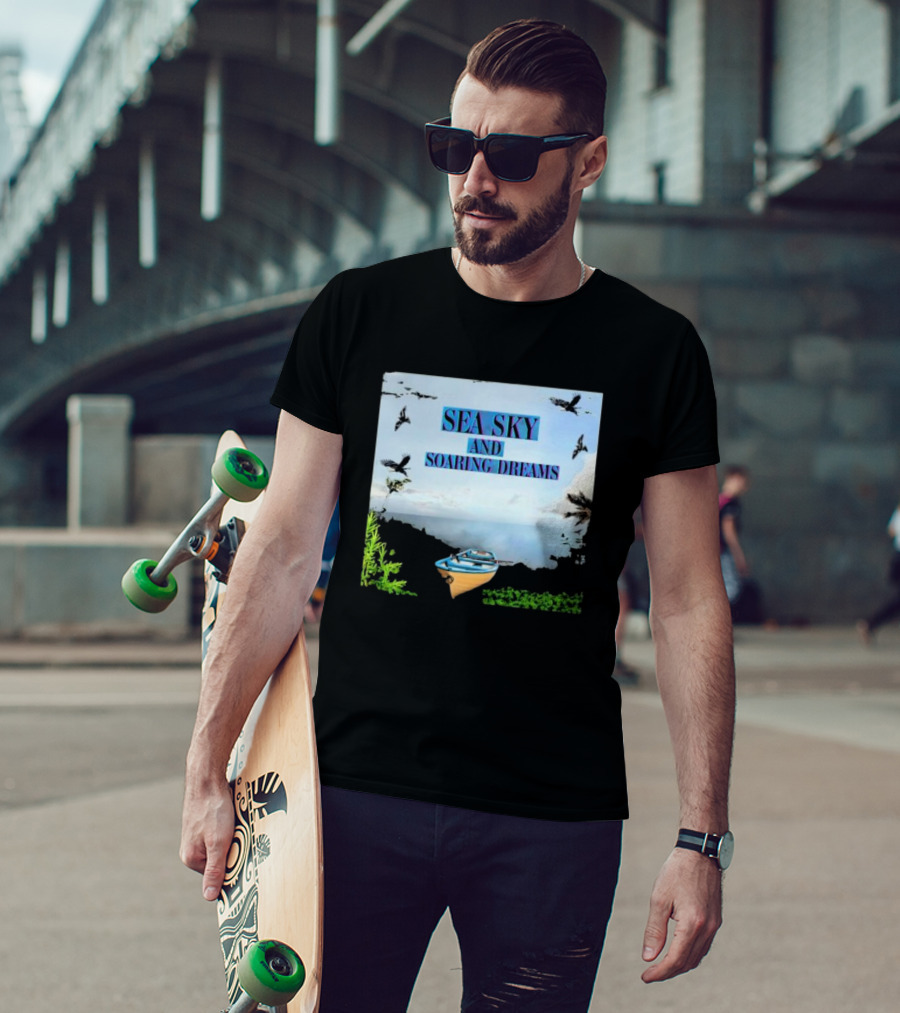 Sea Sky And Soaring Dreams With Birds And Boat IN Nature Scene T-Shirt