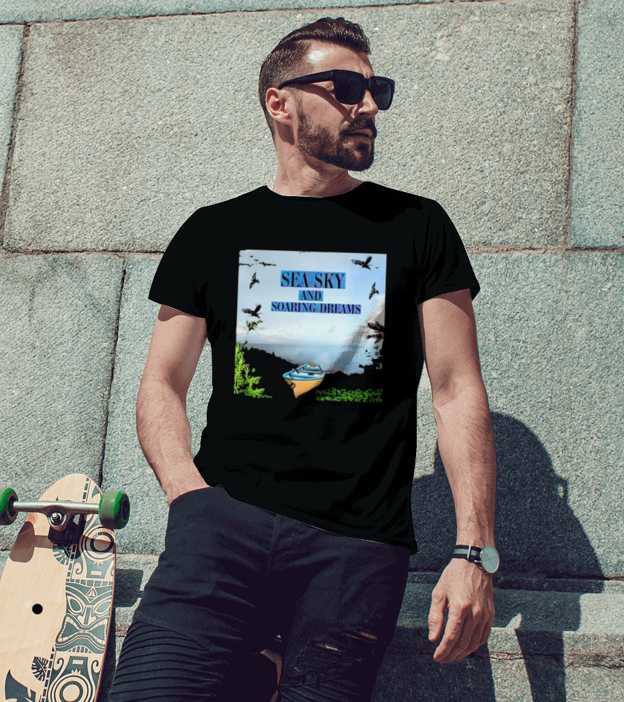Sea Sky And Soaring Dreams With Birds And Boat IN Nature Scene T-Shirt