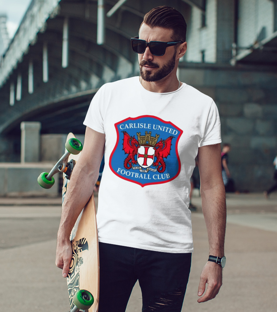 Carlisle United Football Club Crest Bejust And Fear Not Dual Red Dragons Shield T-Shirt