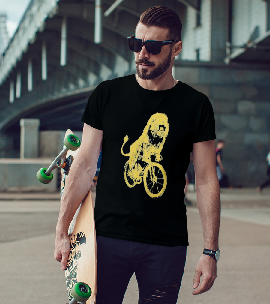 Lion Riding Bicycle Sketch Yellow T-Shirt
