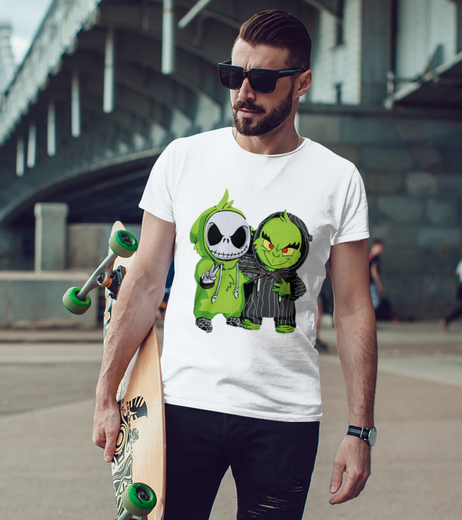 Baby Jack Skellington And Grinch In Green Hoodies T-Shirt
