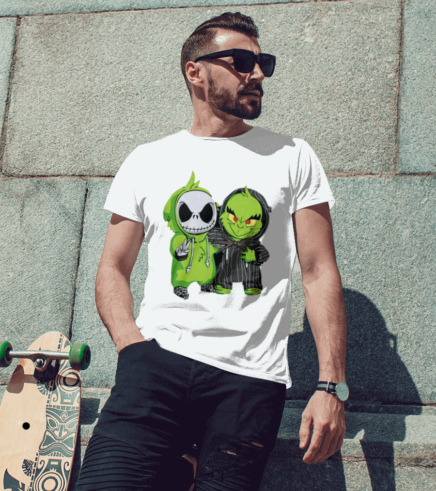 Baby Jack Skellington And Grinch In Green Hoodies T-Shirt