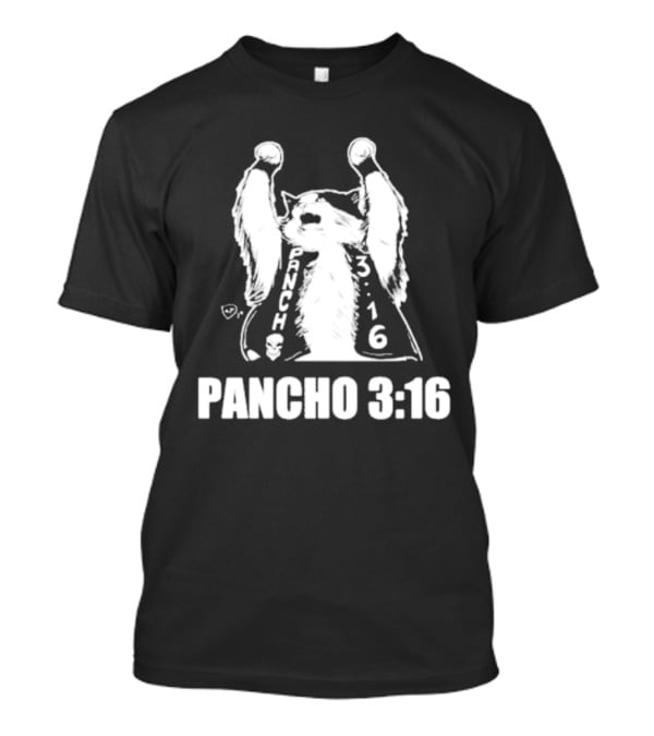 Pancho 3:16 Cat Illustration With Skull Motif And Raised Paws T-Shirt