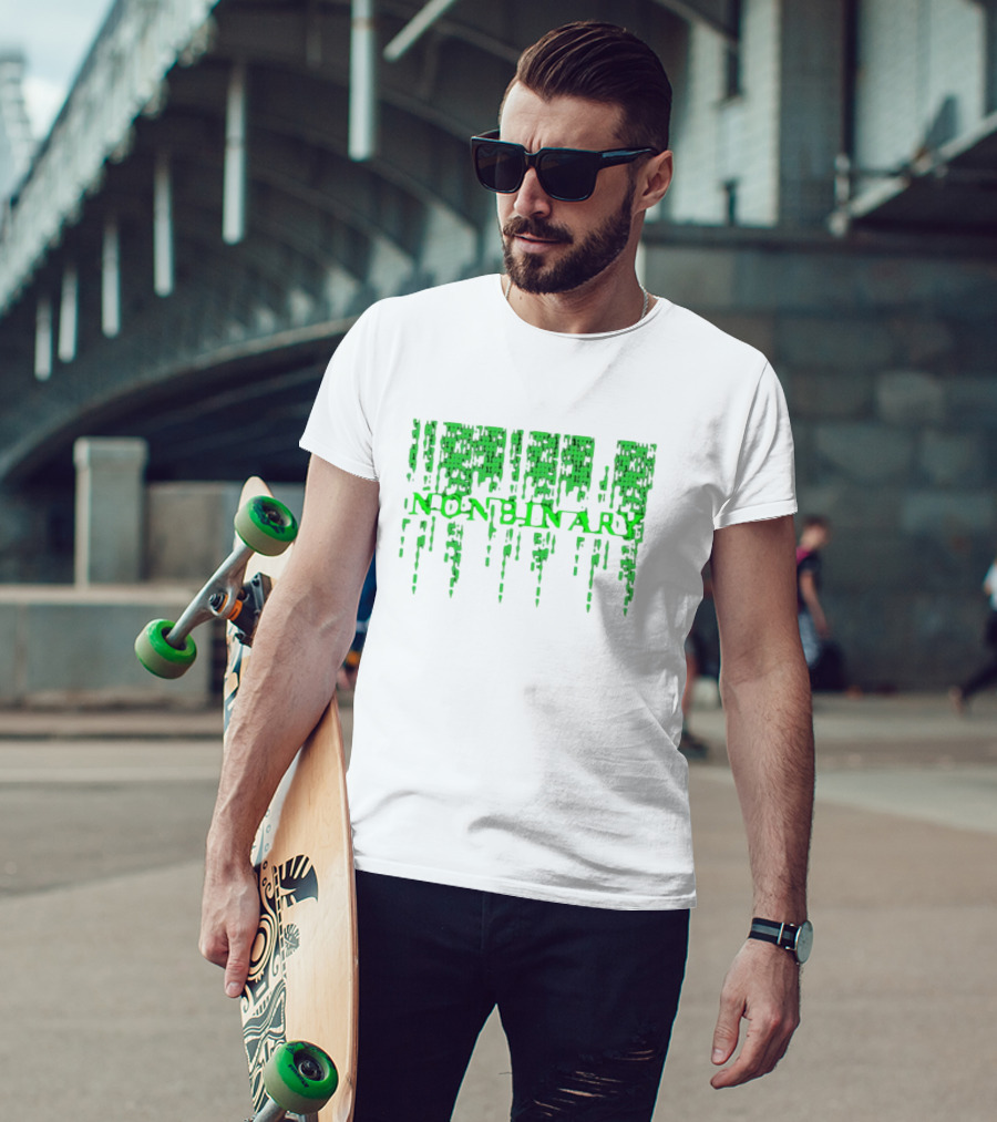 Non Binary Code Matrix-Inspired Green Text T-Shirt