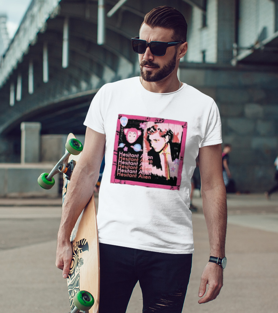 Hesitant Alien Pink Portrait Repeated Text And Mask Cartoon T-Shirt