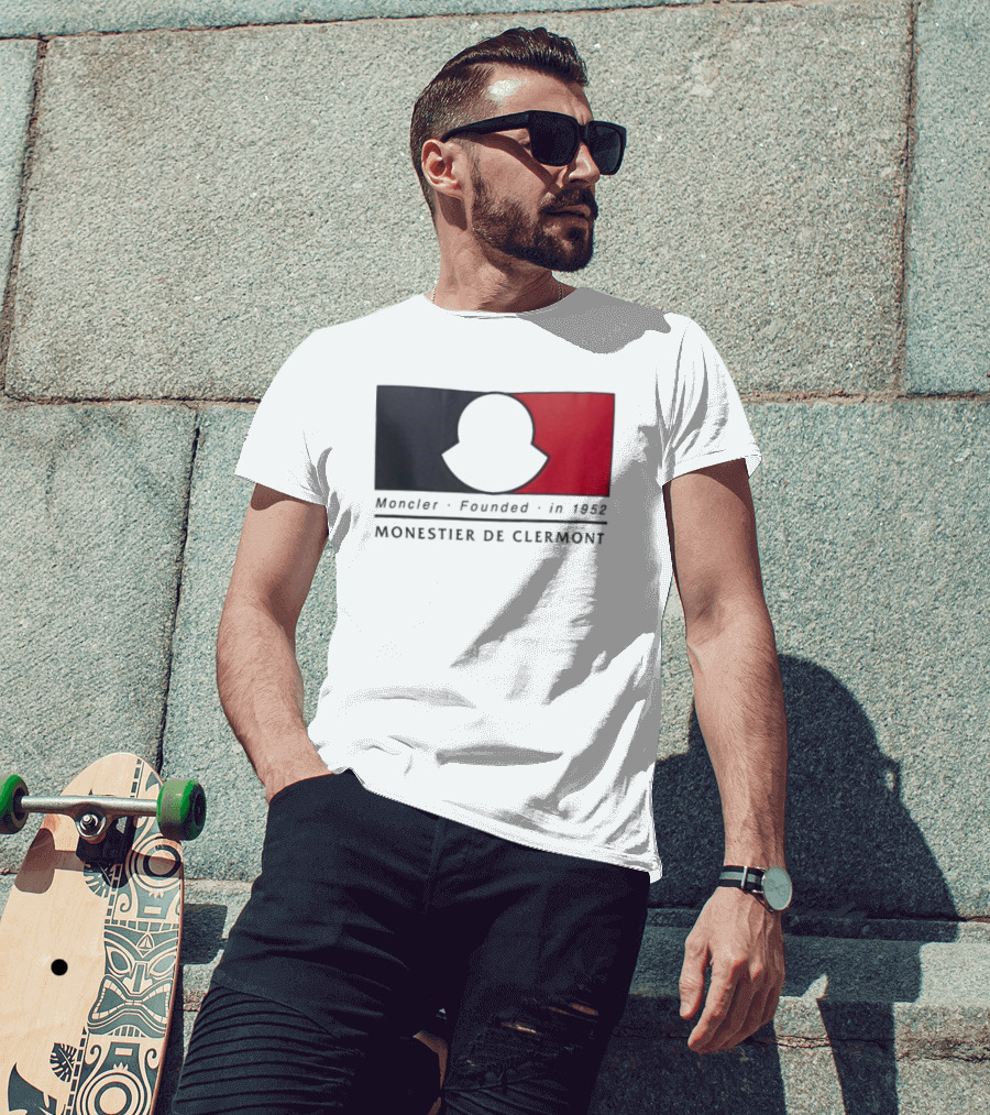Moncler Founded In 1952 Monestier De Clermont Sky Blue Logo Black Red T-Shirt