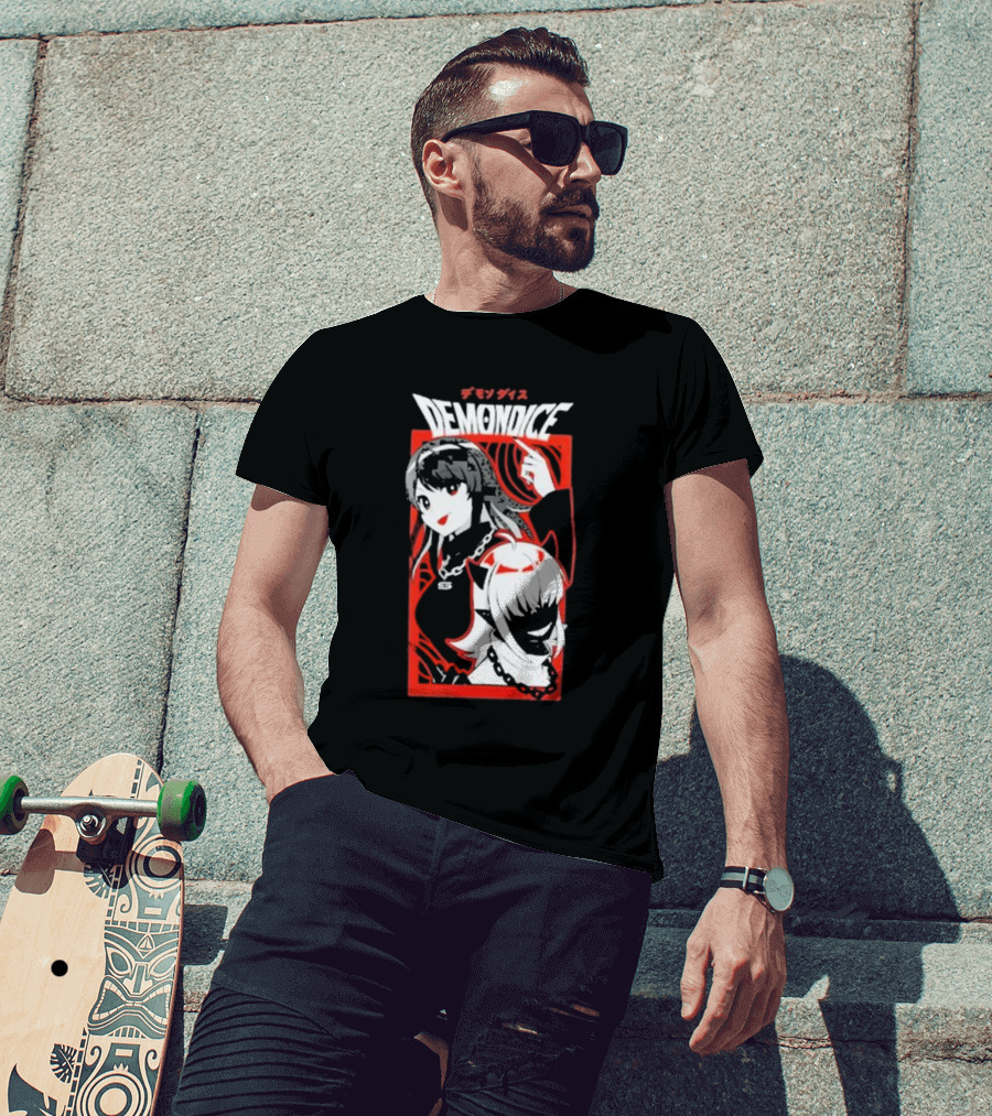 DEMONDICE Anime Style Red And White Character Design Chains T-Shirt