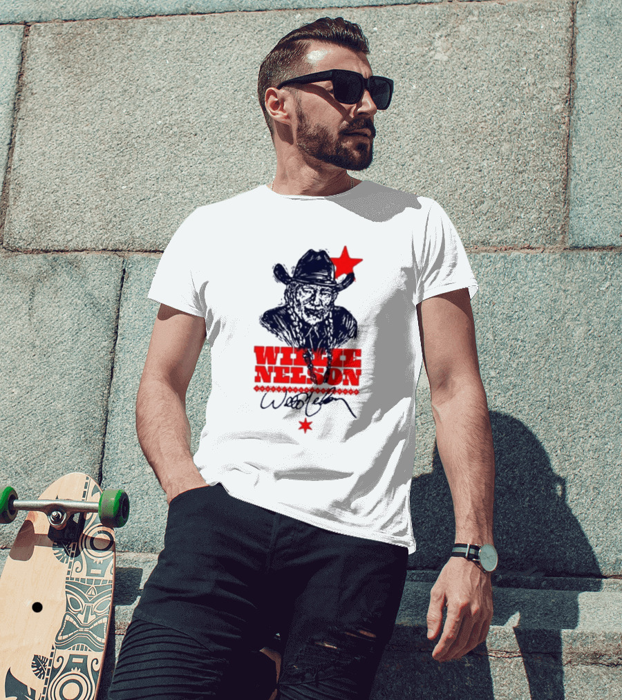 Willie Nelson Woodcut Cowboy Hat Red Star T-Shirt