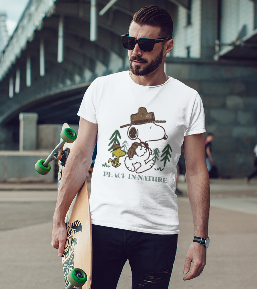 Snoopy Peace In Nature With Woodstock And Trees T-Shirt