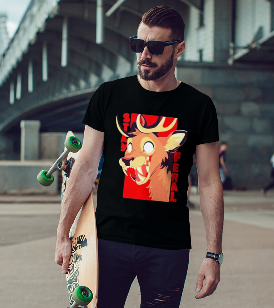 Stay Feral Toothy Deer Wild Expression Monochrome Cartoon T-Shirt