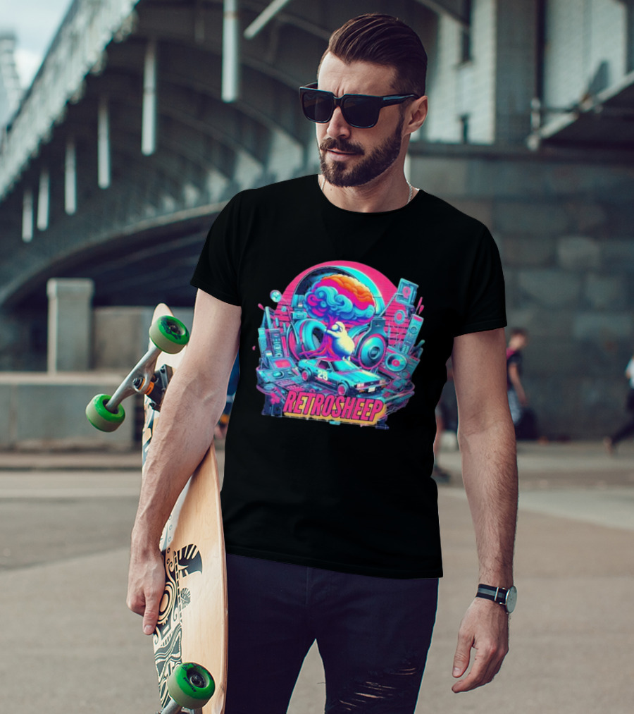 Retrosheep Neon Music Explosion With Retro Cars And Speakers T-Shirt