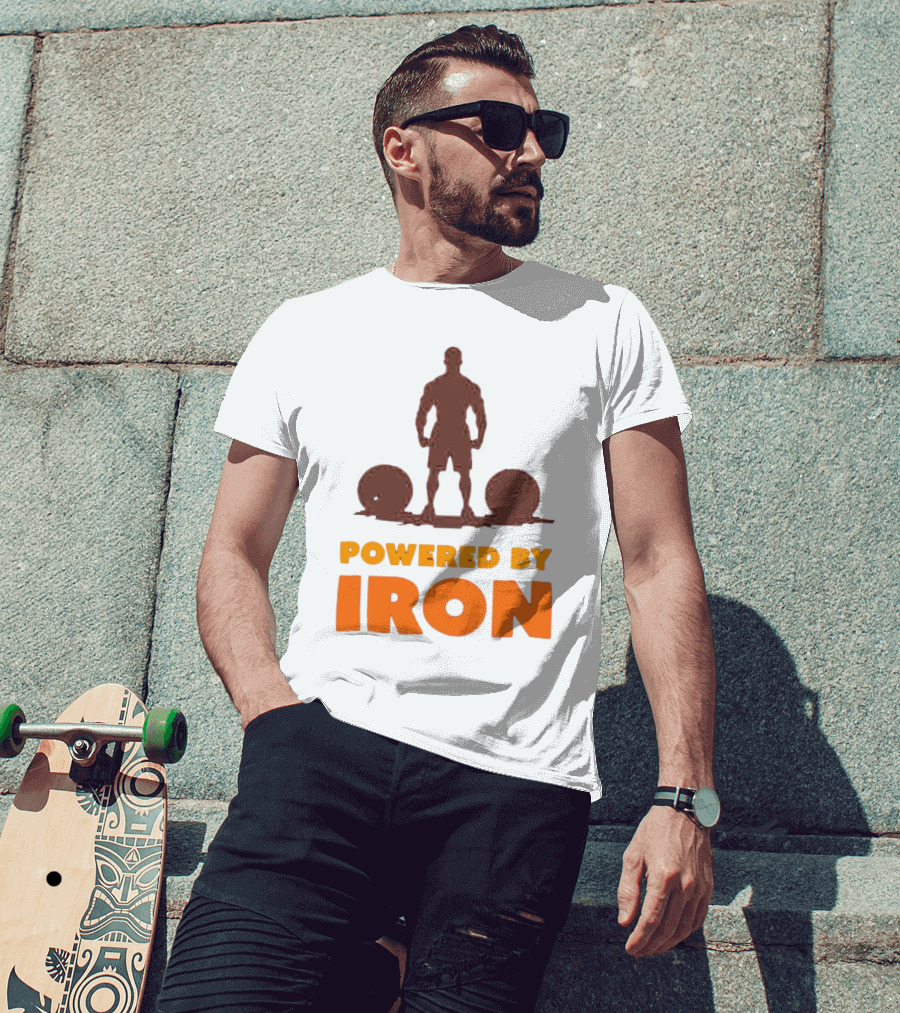 Powered By Iron Muscular Strength And Fitness Motivation T-Shirt