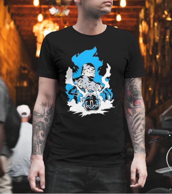 Mega64 Master Collection Featuring Iconic Characters and Explosive Blue T-Shirt Mega64 Master Collection Featuring Iconic Characters and Explosive Blue T-Shirt