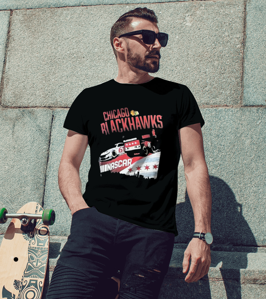 Chicago Blackhawks NASCAR Racing Car With City Skyline And Number 61 T-Shirt