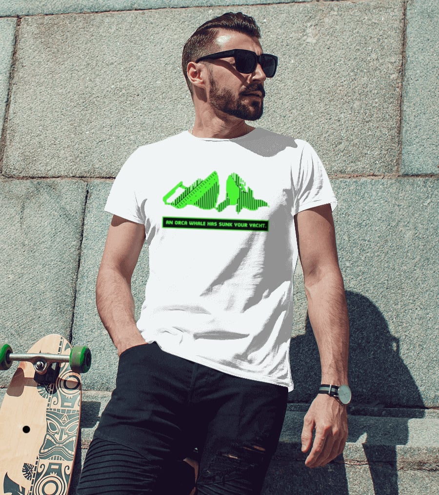 An Orca Whale Has Sunk Your Yacht Green Retro Pixel Art Aaron’s Art Room T-Shirt