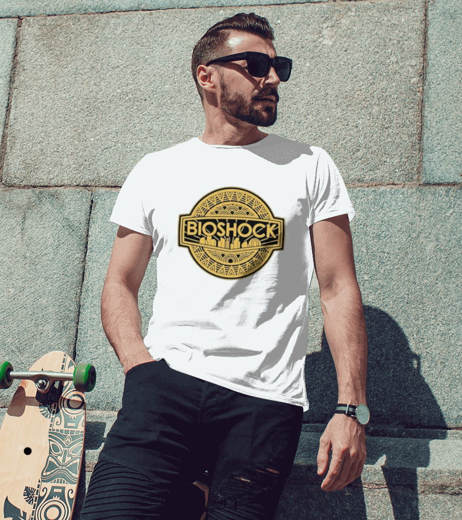 Bioshock Art Deco Golden Emblem With Cityscape T-Shirt