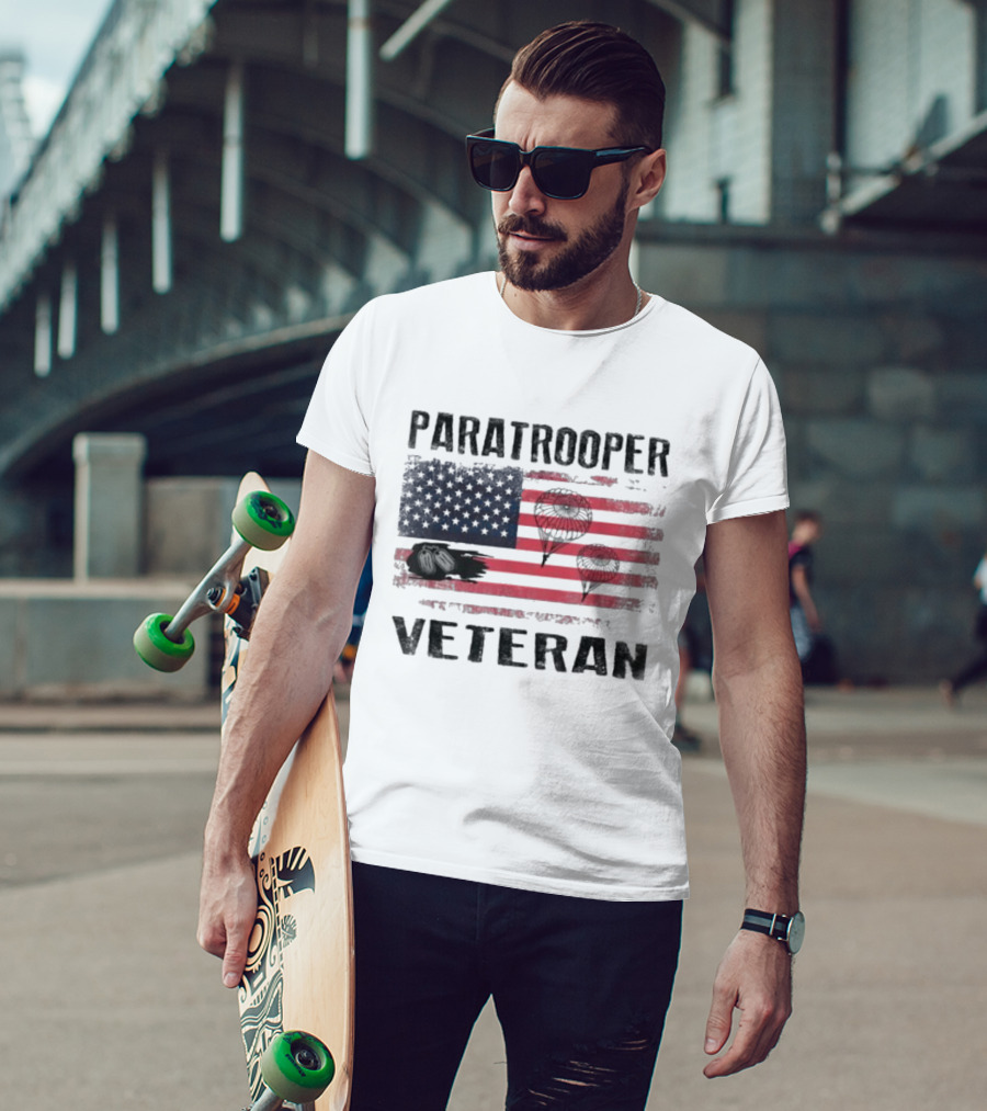 Paratrooper Veteran US Flag Tribute With Airborne T-Shirt