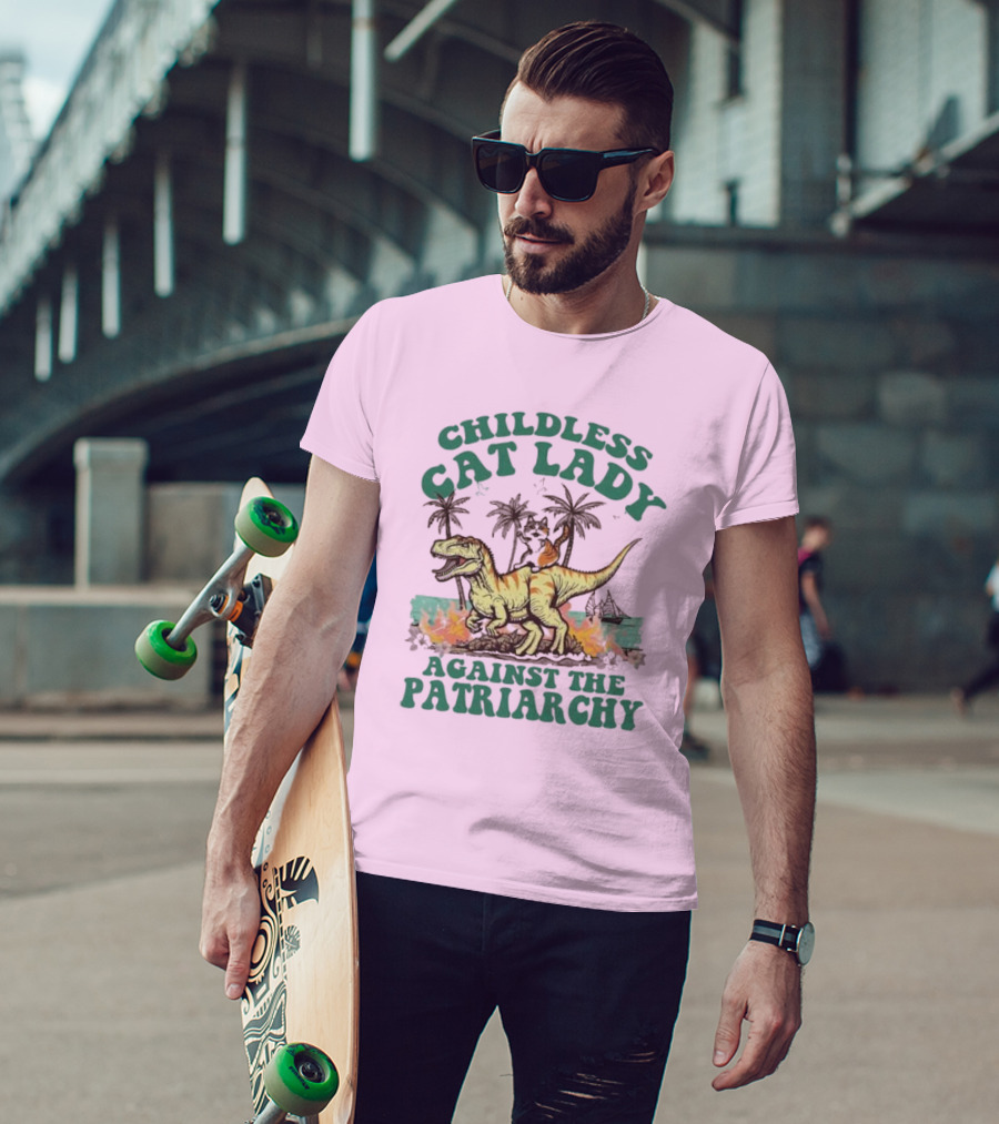 Childless Cat Lady Riding Dinosaur Against The Patriarchy With Flaming Coconut Trees T-Shirt