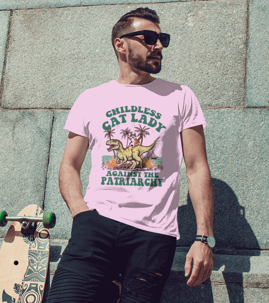 Childless Cat Lady Riding Dinosaur Against The Patriarchy With Flaming Coconut Trees T-Shirt