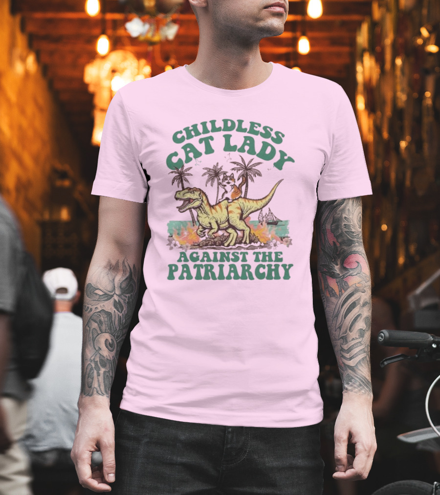 Childless Cat Lady Riding Dinosaur Against The Patriarchy With Flaming Coconut Trees T-Shirt