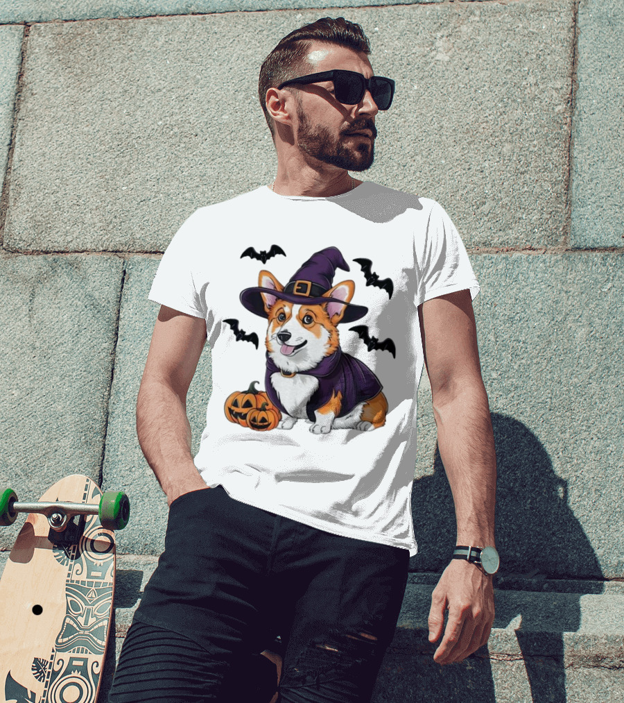 Halloween Corgi In Witch Hat With Pumpkins And Bats T-Shirt