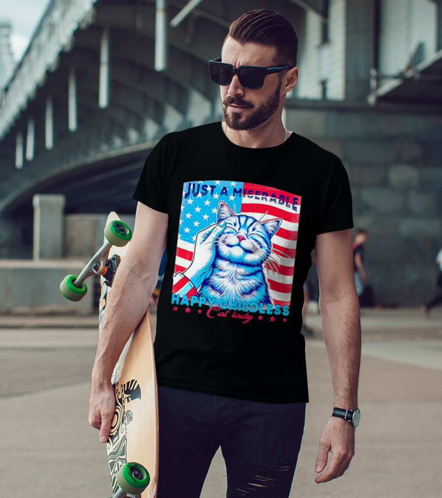 Just A Miserable Happy Childless Cat Lady Patriotic Flag Background T-Shirt