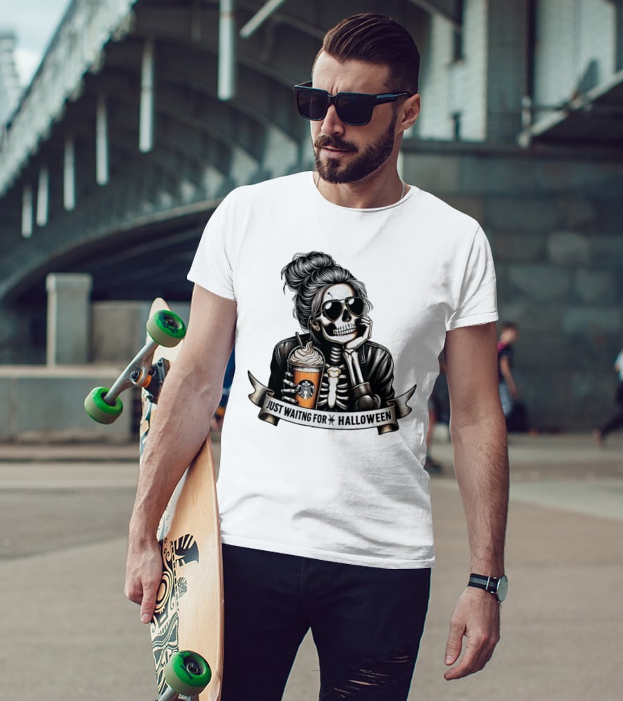 Just Waiting For Halloween Skeleton With Coffee Cup Spooky Season T-Shirt