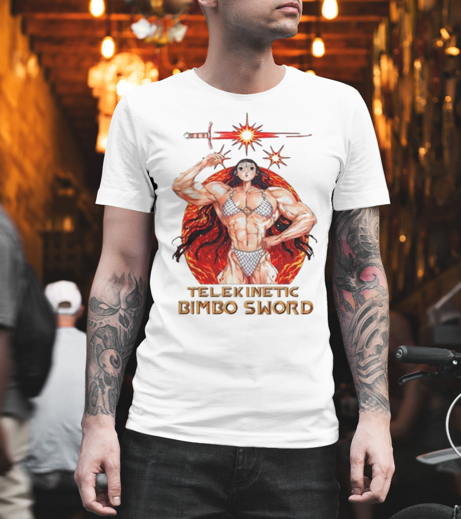 Rebecca Kirby Telekinetic Bimbo Sword Warrior with Fiery Background T-Shirt