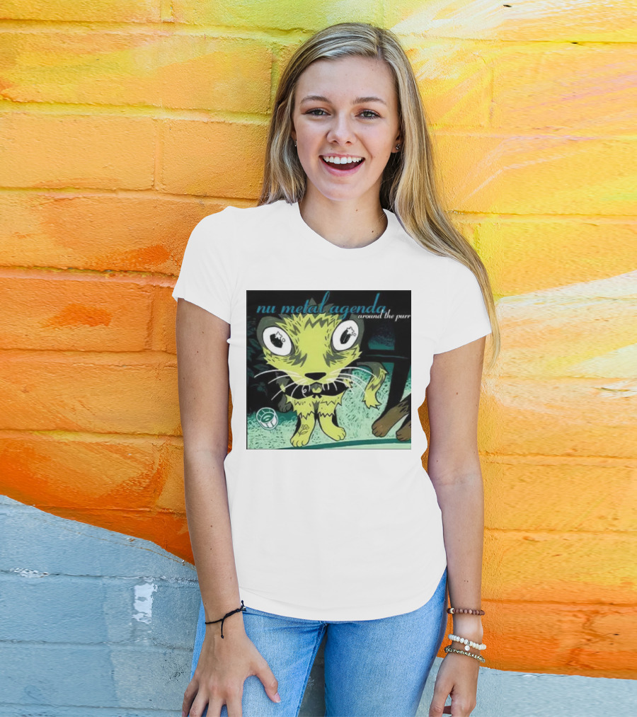 Nu Metal Agenda Around The Purr Feline Illustration With Swirling Colors And Bold Letters T-Shirt