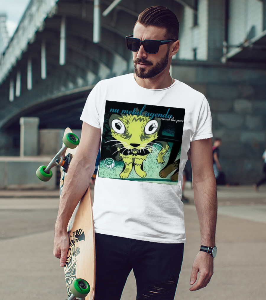 Nu Metal Agenda Around The Purr Feline Illustration With Swirling Colors And Bold Letters T-Shirt