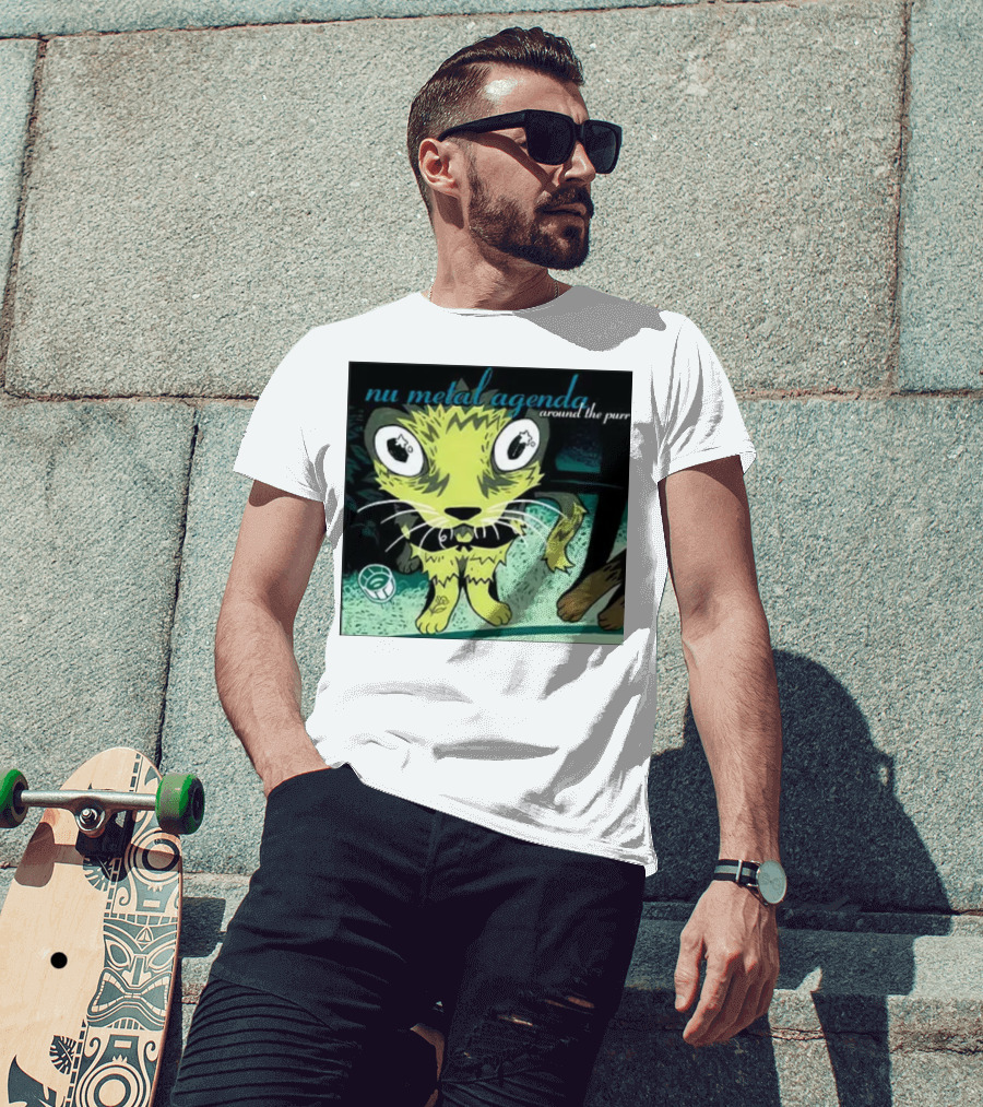 Nu Metal Agenda Around The Purr Feline Illustration With Swirling Colors And Bold Letters T-Shirt