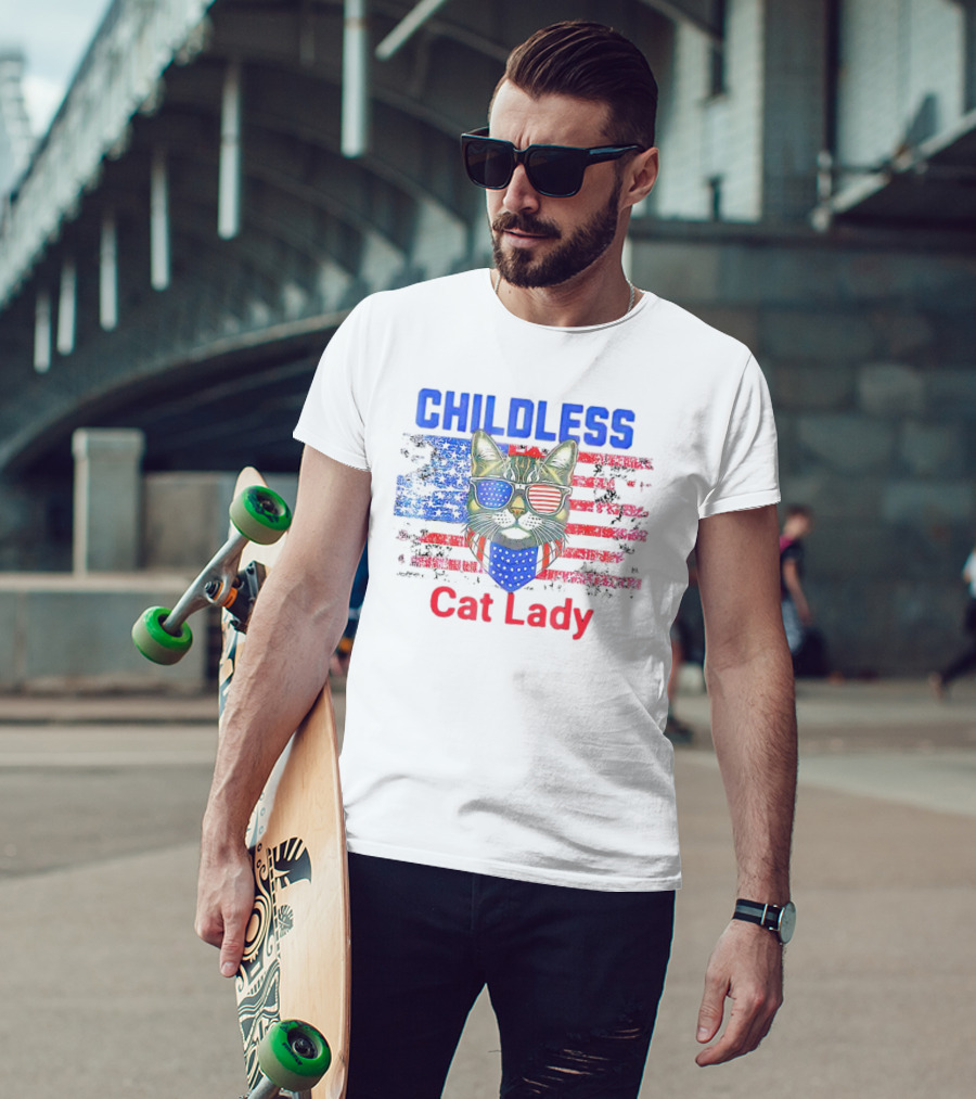 Childless Cat Lady USA Flag Sunglasses T-Shirt