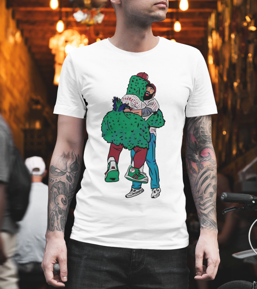 Phanatic Phillies Mascot Embrace with Baseball Player T-Shirt