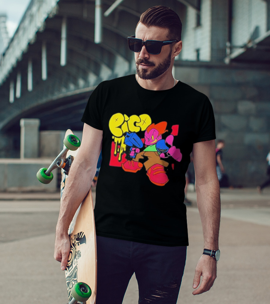 Friday Night Funkin Pico Colorful Cartoon Character Holding Gun T-Shirt