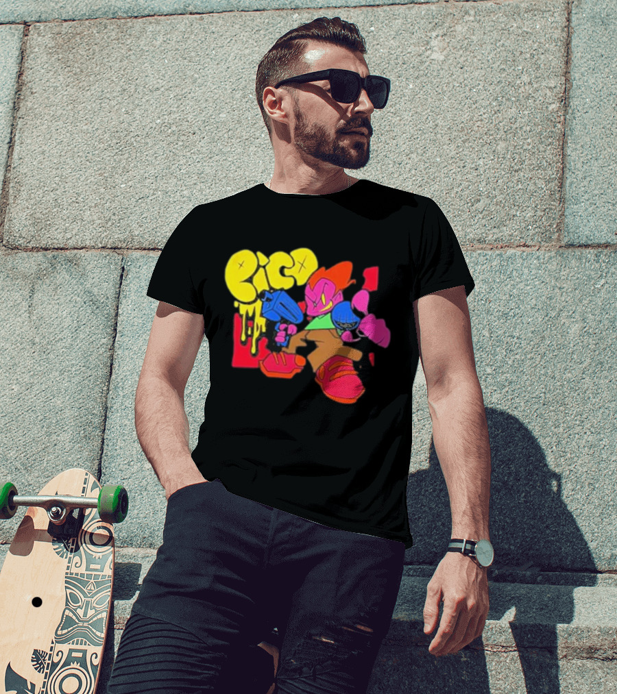 Friday Night Funkin Pico Colorful Cartoon Character Holding Gun T-Shirt