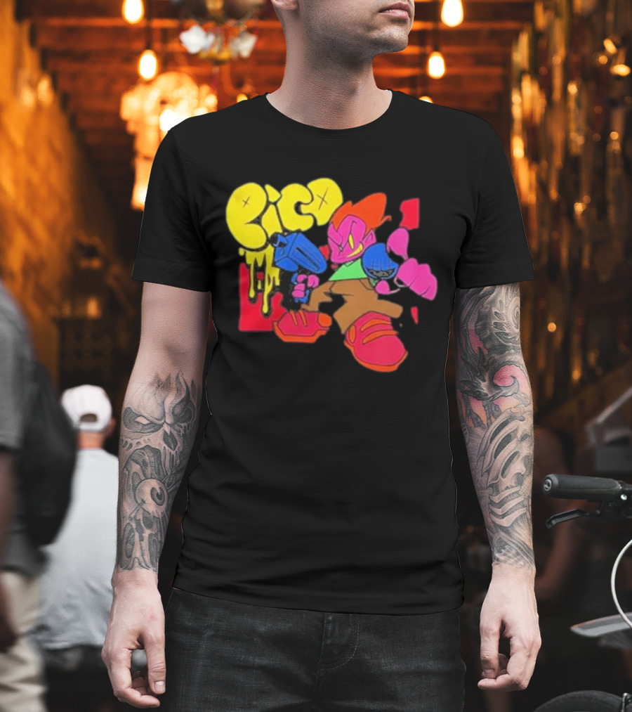 Friday Night Funkin Pico Colorful Cartoon Character Holding Gun T-Shirt