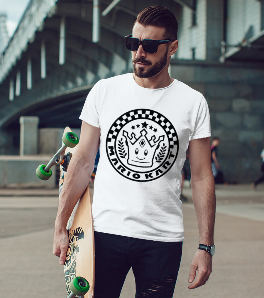 Damien Haas Wearing Mario Kart Crown Emblem Super Nintendo World T-Shirt