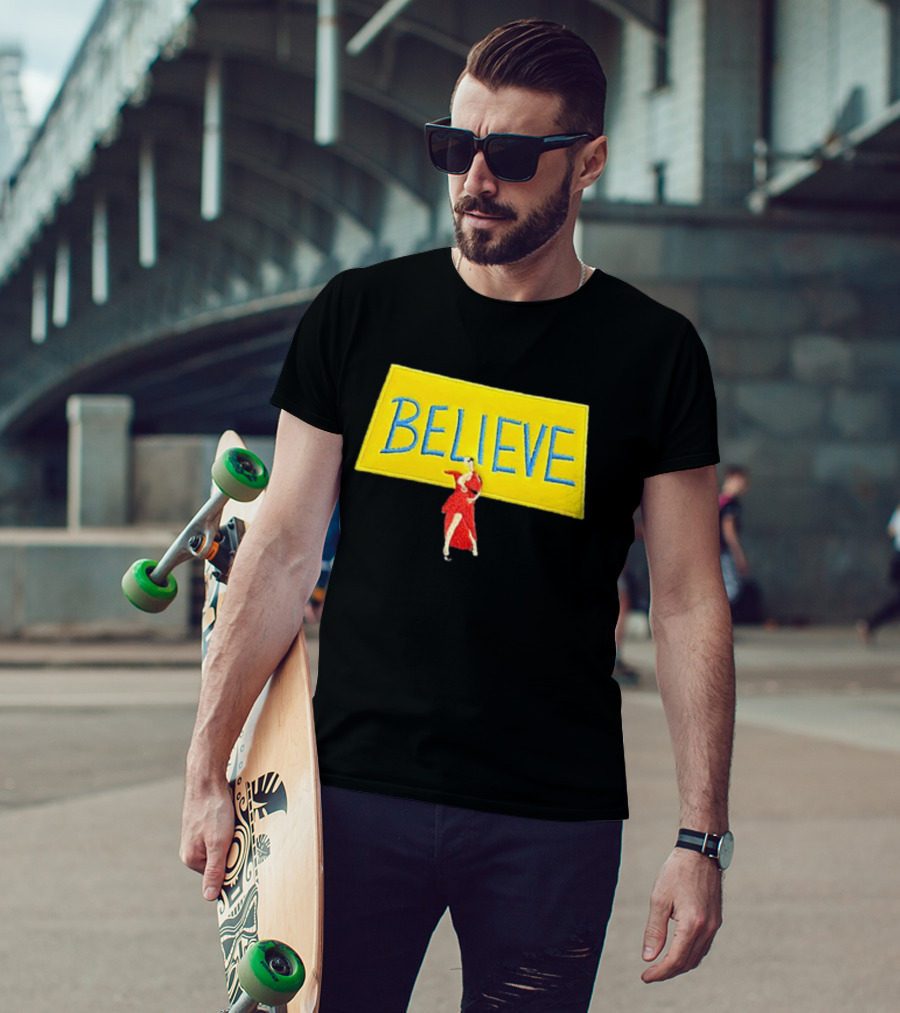 Hannah Waddingham Believe Yellow Sign With Red Dress T-Shirt